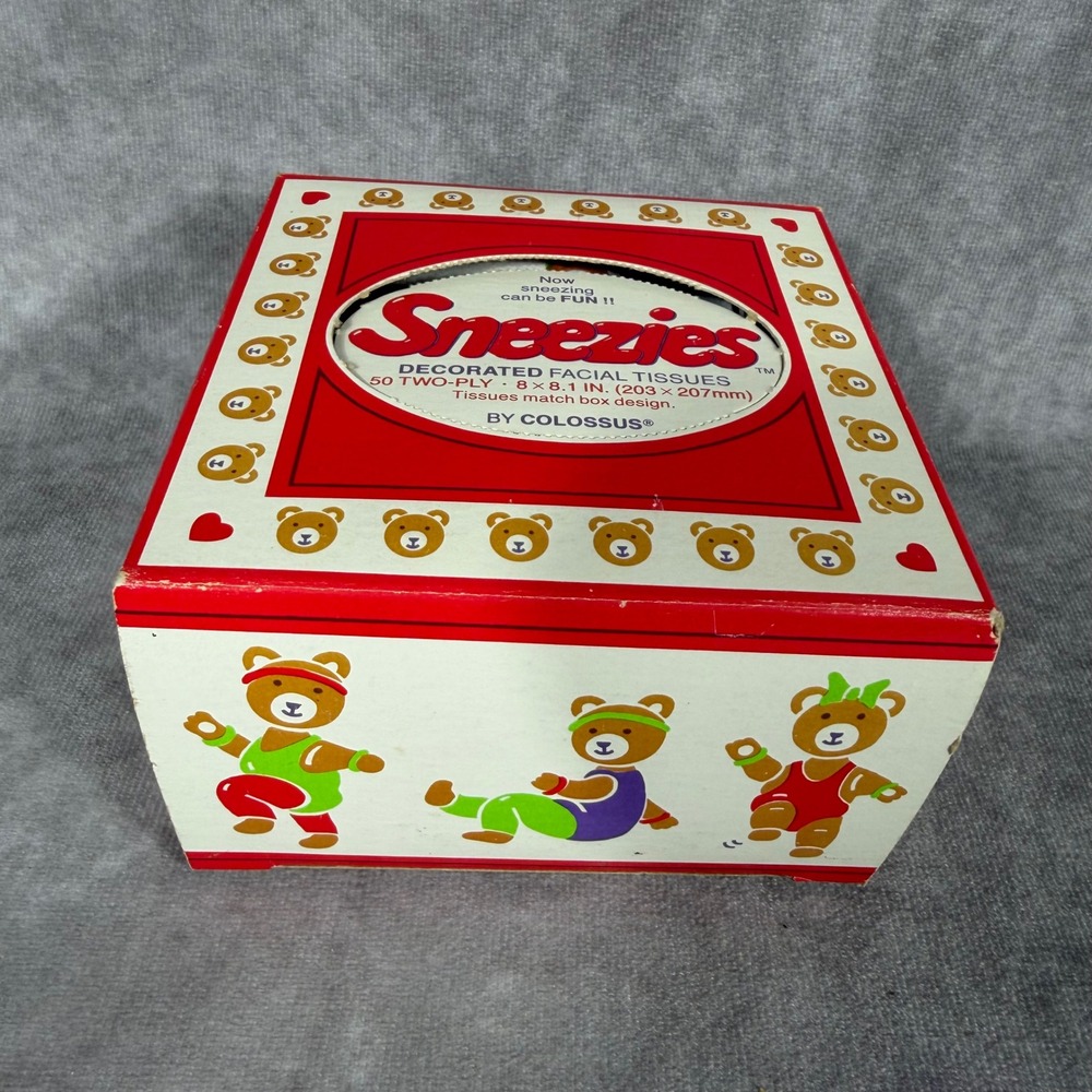 Vtg‎ 1988 Sneezies Tissues Box Teddy Bear Exercise Theme Colossus USA NIB NEW